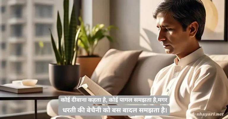 A poet immersed in deep thoughts, reading Kumar Vishwas's Shayari in a vintage library