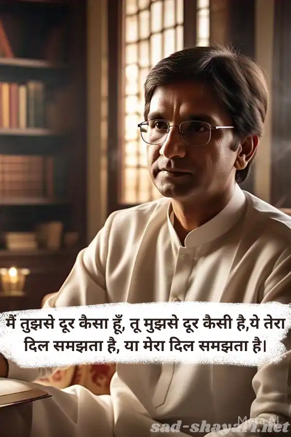 A poet immersed in deep thoughts, reading Kumar Vishwas's Shayari in a vintage library