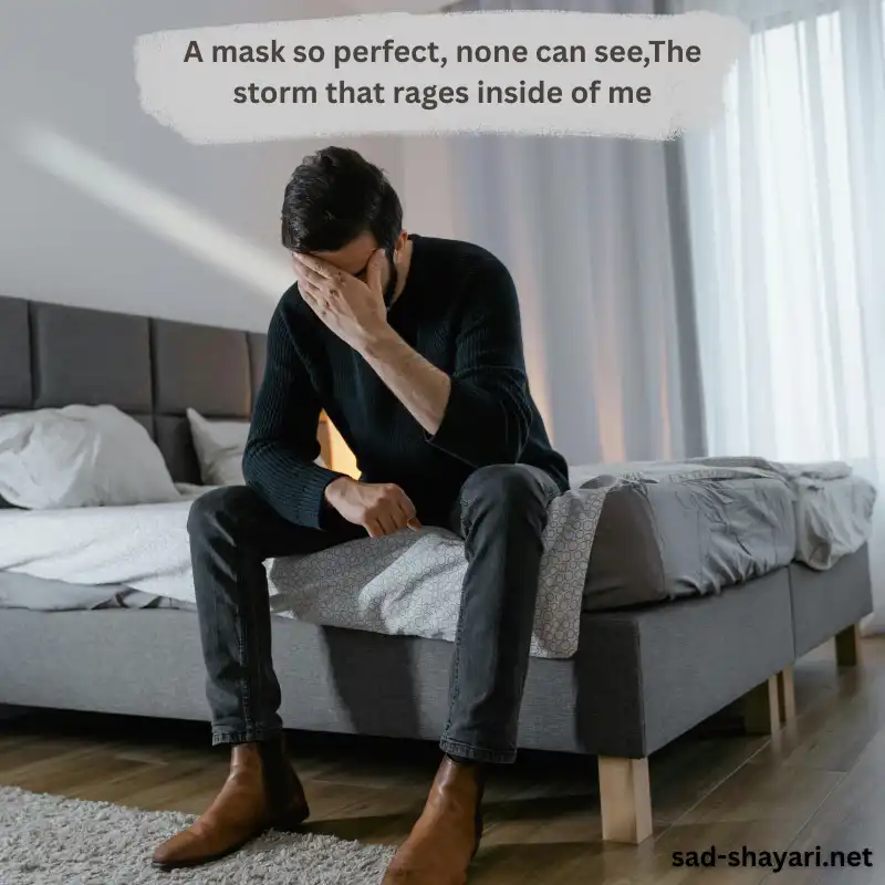 A lonely boy sitting near water, hiding his inner turmoil behind a perfect mask — with the quote A mask so perfect, none can see, the storm that rages inside of me