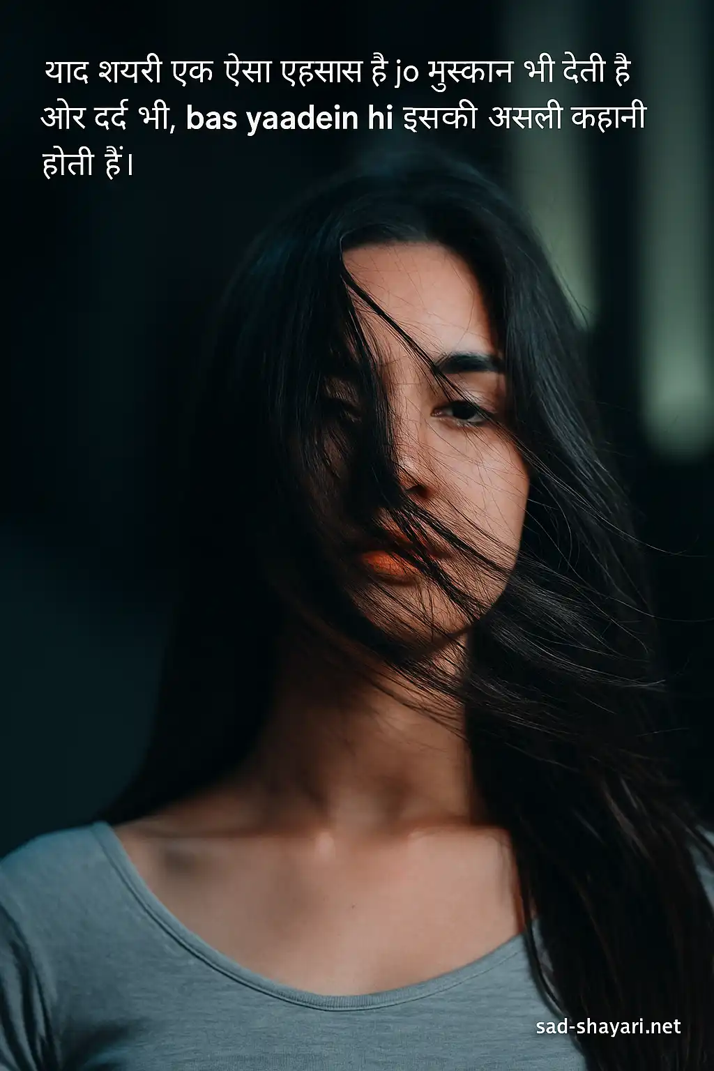 Emotional girl with hair on face expressing deep feelings, perfect for Yaad Shayari theme.